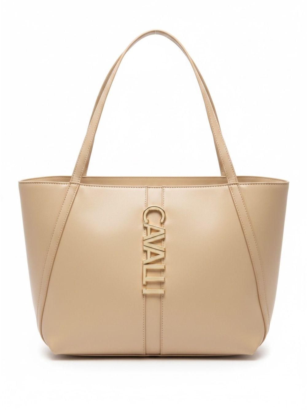 Cavalli Class Sandra Shopper Tote Bag in Almond Buff Beige NWT Gold Logo